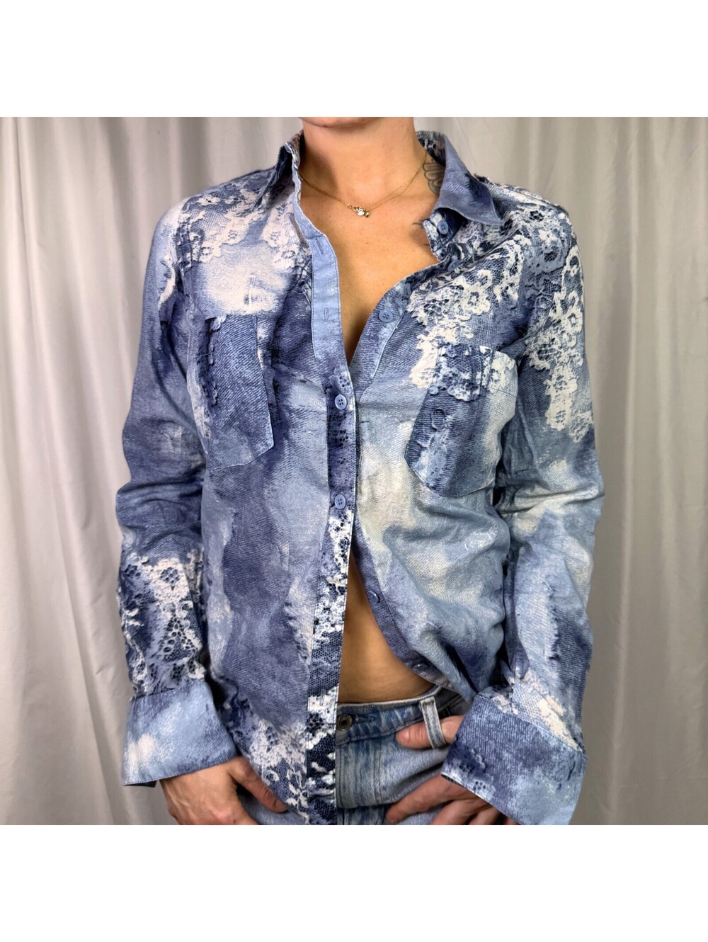 Vintage Y2K Focus 2000 Trompe L’Oeil Denim Lace Print Shirt Size 6